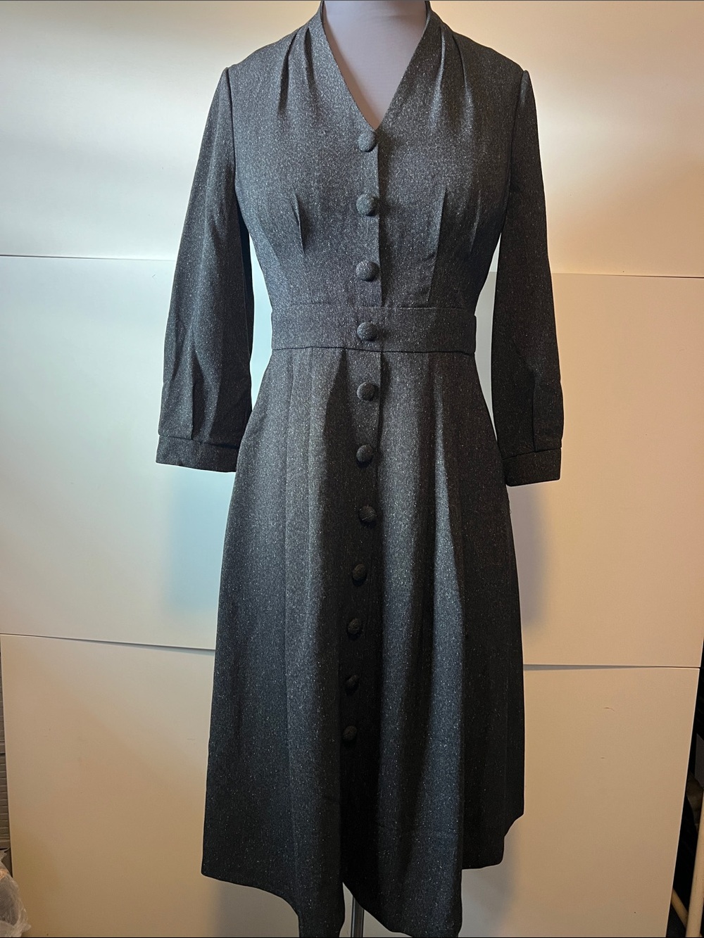 Gal Meets Glam Black Sparkle 3/4 Sleeve Button Dress